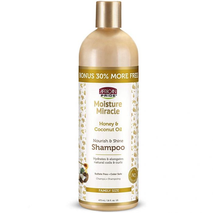 African Pride [BONUS 30% MORE FREE] Moisture Miracle Honey & Coconut Oil Nourish & Shine Shampoo 16 oz