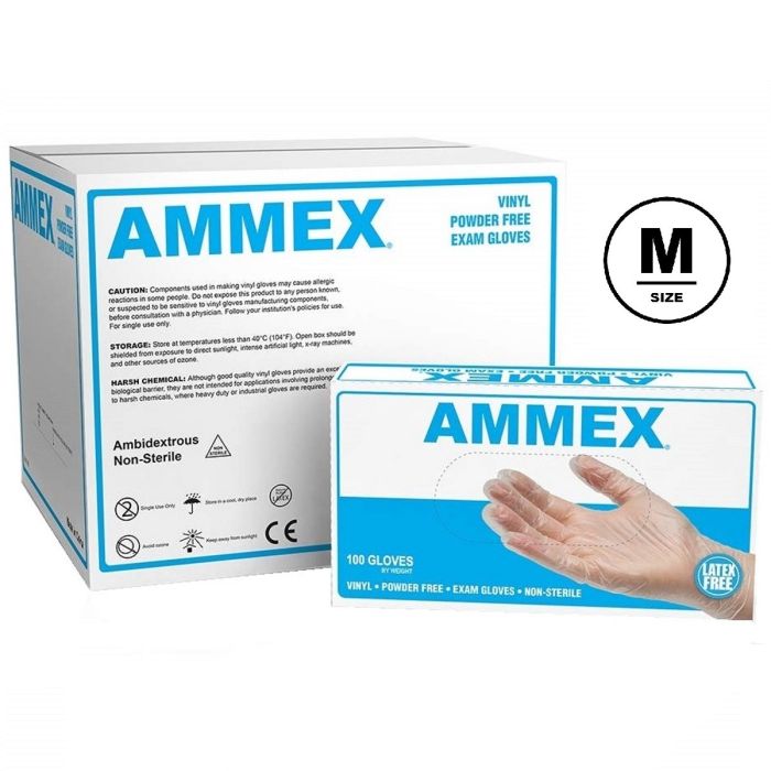 AMMEX Vinyl Powder Free Exam Gloves 1,000 Gloves [Medium] #VPF64100 [100 Gloves x 10 Pack]