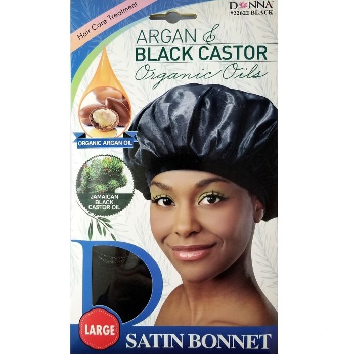 Donna Argan & Black Castor Oils Satin Bonnet Large - Black #22622