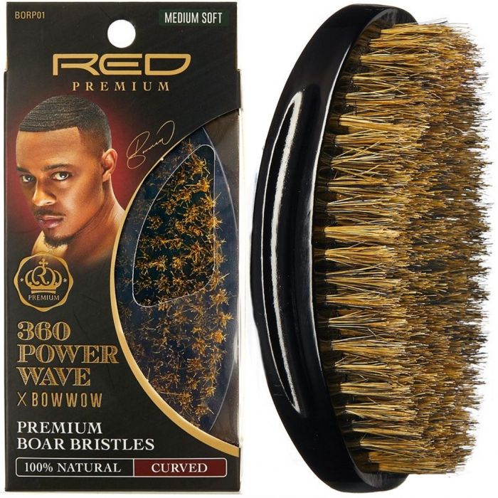 Red Premium 360 Power Wave X Bow Wow Premium 100% Boar Bristles Curved Palm Brush - Medium Soft #BR14