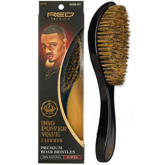 Red Premium 360 Power Wave X Bow Wow Premium 100% Boar Bristles Curved Wave Brush - Medium Soft #BR16