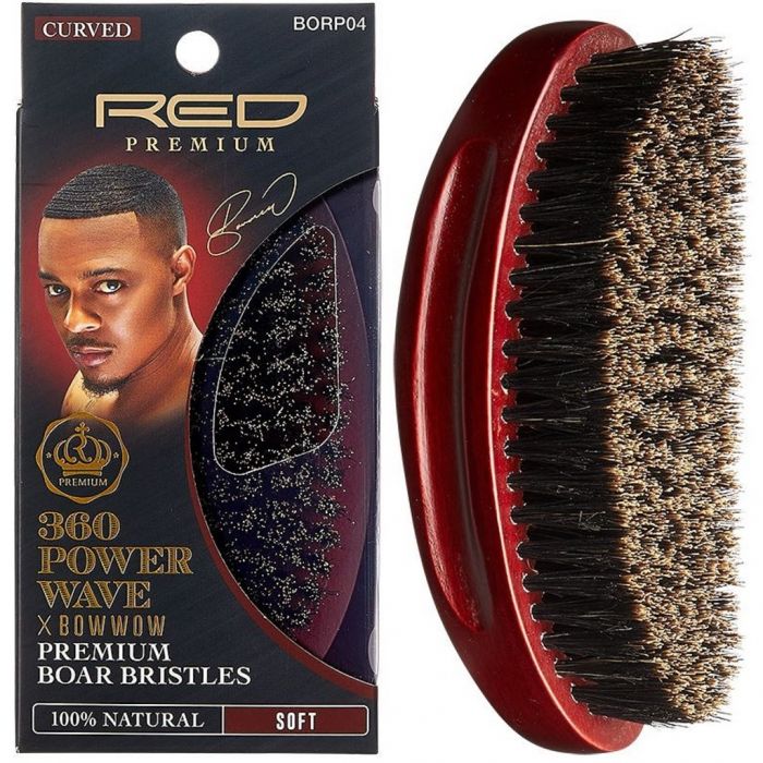 Red Premium 360 Power Wave X Bow Wow Premium 100% Boar Bristles Curved Palm Brush - Soft #BORP04 