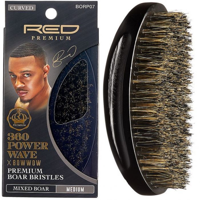 Red Premium 360 Power Wave X Bow Wow Premium Mixed Boar Bristles Curved Palm Brush - Medium #BORP07 