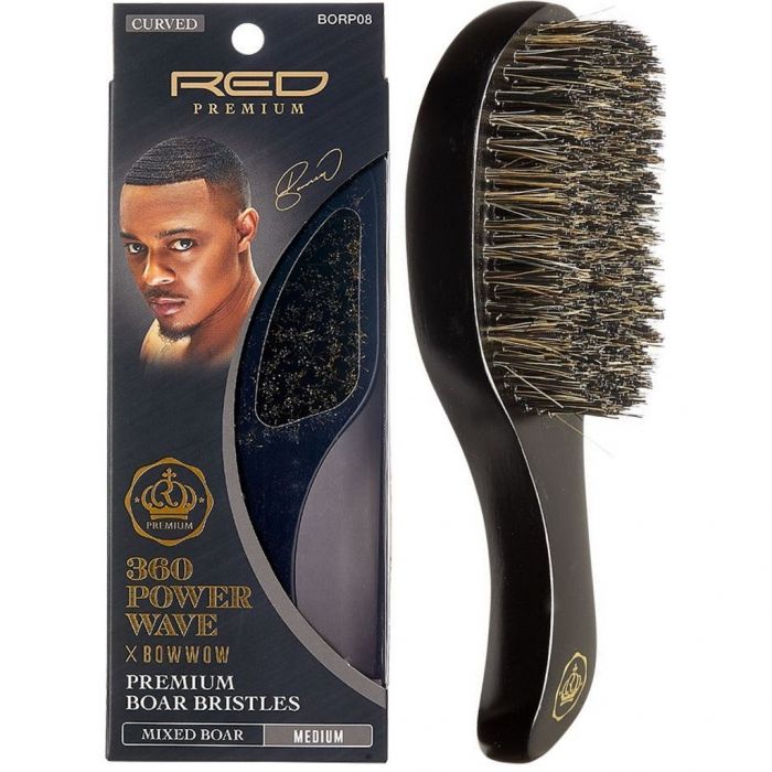 Red Premium 360 Power Wave X Bow Wow Premium Mixed Boar Bristles Curved Club Brush - Medium #BR21