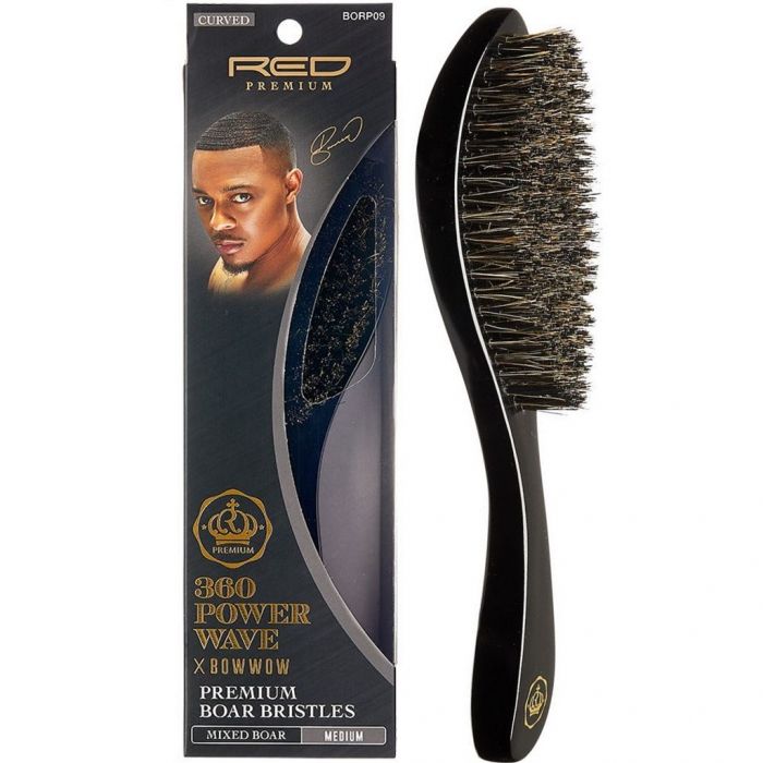 Red Premium 360 Power Wave X Bow Wow Premium Mixed Boar Bristles Curved Wave Brush - Medium #BORP09