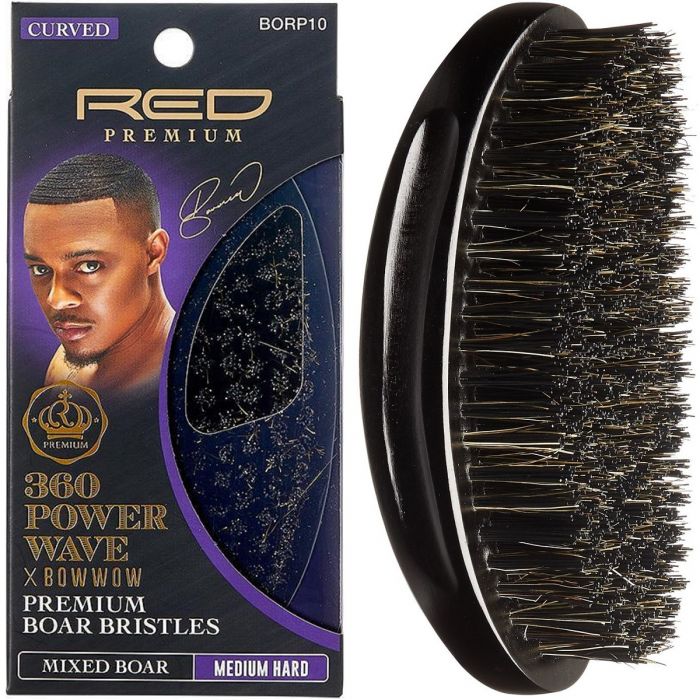 Red Premium 360 Power Wave X Bow Wow Premium Mixed Boar Bristles Curved Palm Brush - Medium Hard #BORP10 