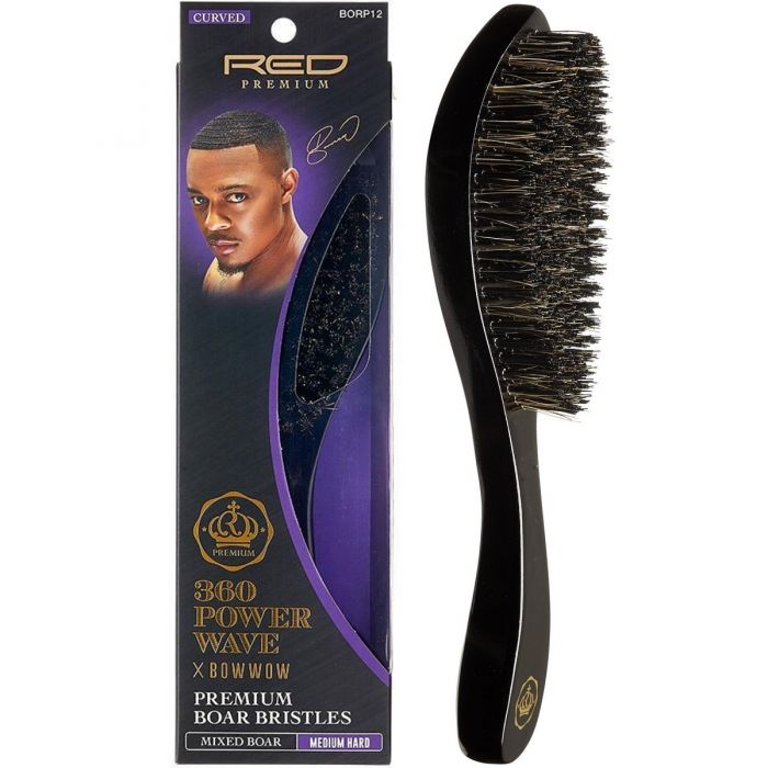 Red Premium 360 Power Wave X Bow Wow Premium Mixed Boar Bristles Curved Wave Brush - Medium Hard #BR25