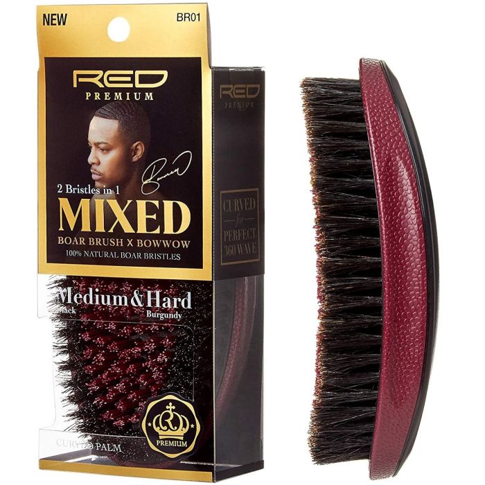 Red Premium 2 Bristles In 1 Mixed Boar Brush X Bow Wow - Curved Palm Brush [Medium&Hard] #BR01    