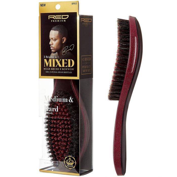 Red Premium 2 Bristles In 1 Mixed Boar Brush X Bow Wow - Curved Wave Brush [Medium-Hard] #BR03