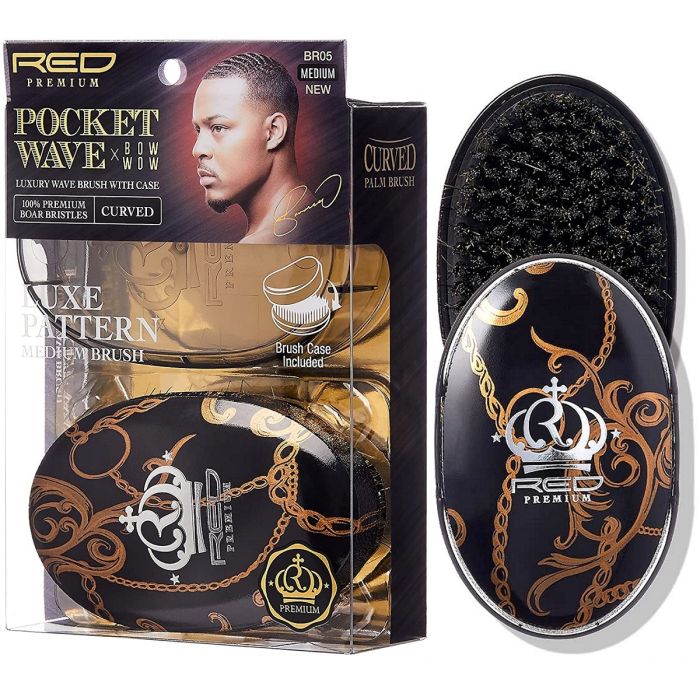 Red Premium Pocket Wave X Bow Wow 100% Boar Bristles Curved Wave Brush with Case - Luxe Pattern [Medium] #BR05    