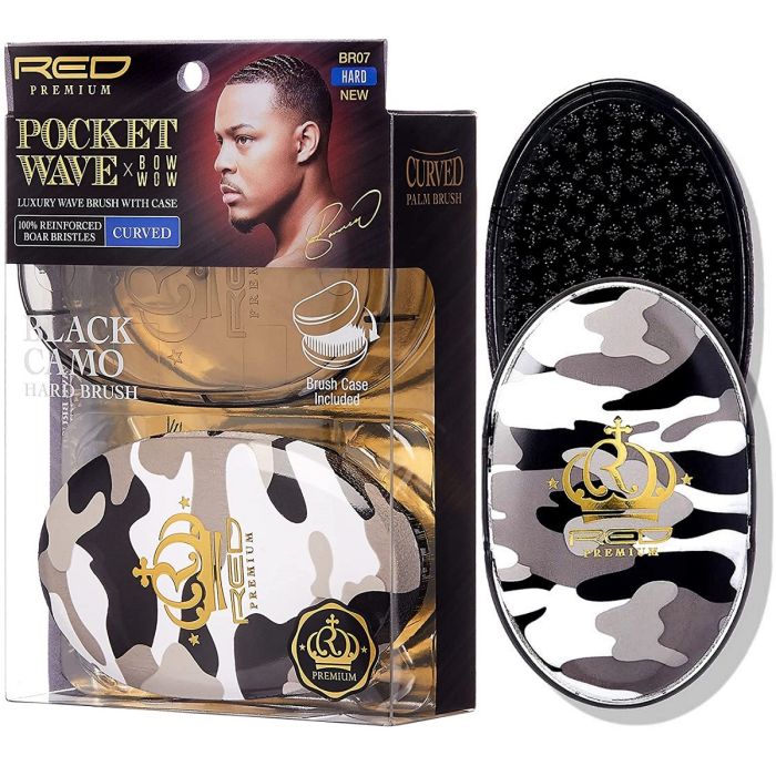 Red Premium Pocket Wave X Bow Wow 100% Boar Bristles Curved Wave Brush with Case - Black Camo [Hard] #BR07