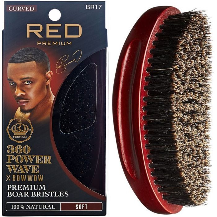 Red Premium 360 Power Wave X Bow Wow Premium 100% Boar Bristles Curved Palm Brush - Soft #BR17 