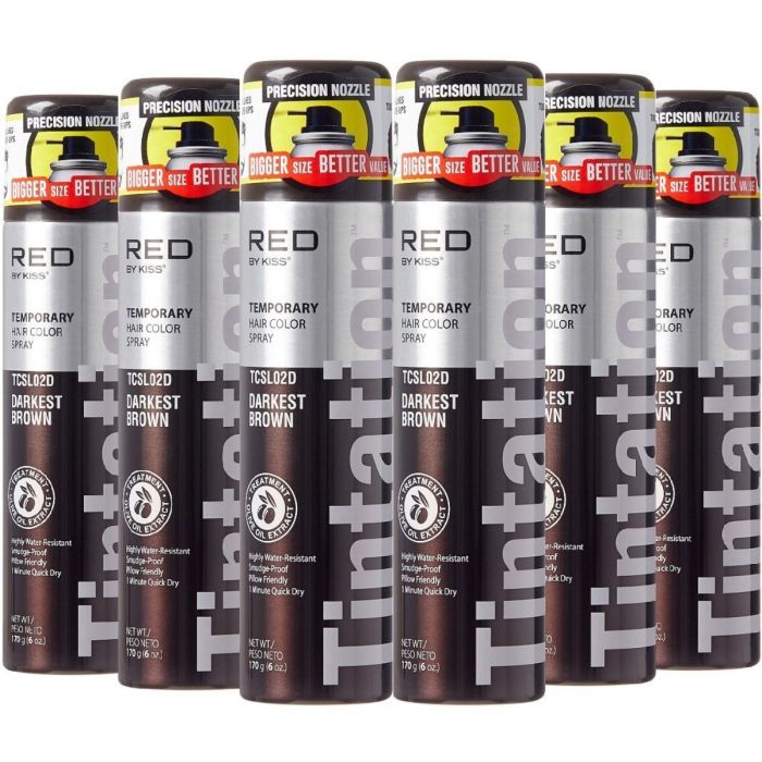 Red by Kiss Tintation Temporary Hair Color Spray 6 oz [Darkest Brown #TCSL02D] [6 Pack]
