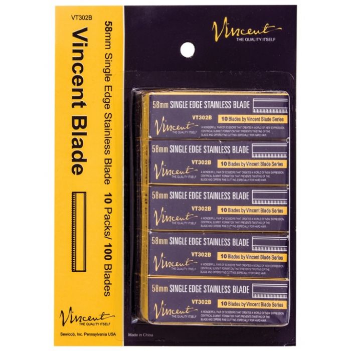 Vincent 58mm Single Edge Stainless Blades - 100 Blades #VT302B [10 Blades X 10 Pack] 