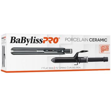 BaByliss Pro Porcelain Ceramic Straightening Iron 1" & Spring Curling Iron 1-1/4" Combo #BPCPP6UC