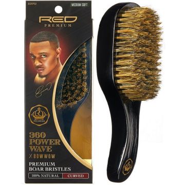 Red Premium 360 Power Wave X Bow Wow Premium 100% Boar Bristles Curved Club Brush - Medium Soft #BORP02 