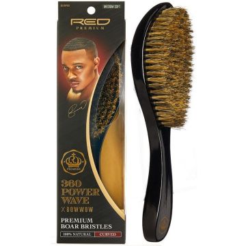 Red Premium 360 Power Wave X Bow Wow Premium 100% Boar Bristles Curved Wave Brush - Medium Soft #BORP03