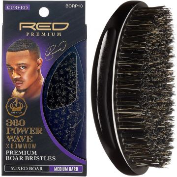 Red by Kiss 360 Power Wave X Bow Wow Premium Mixed Boar Bristles Curved Palm Brush - Medium Hard #BORP10 