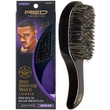 Red Premium 360 Power Wave X Bow Wow Premium Mixed Boar Bristles Curved Club Brush - Medium Hard #BORP11 