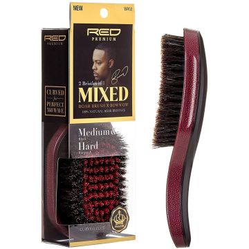 Red Premium 2 Bristles In 1 Mixed Boar Brush X Bow Wow - Curved Club Brush [Medium-Hard] #BR02