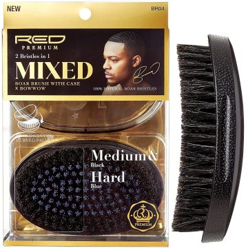 Red Premium 2 Bristles In 1 Mixed Boar Brush X Bow Wow - Curved Wave Brush with Case [Medium-Hard] #BR04    
