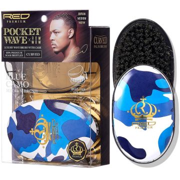 Red Premium Pocket Wave X Bow Wow 100% Boar Bristles Curved Wave Brush with Case - Blue Camo [Medium] #BR06