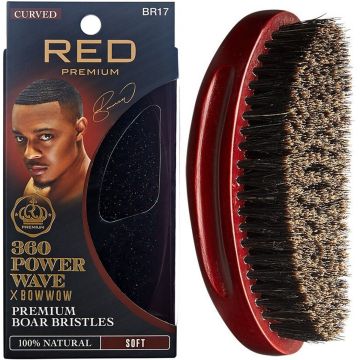 Red Premium 360 Power Wave X Bow Wow Premium 100% Boar Bristles Curved Palm Brush - Soft #BR17 