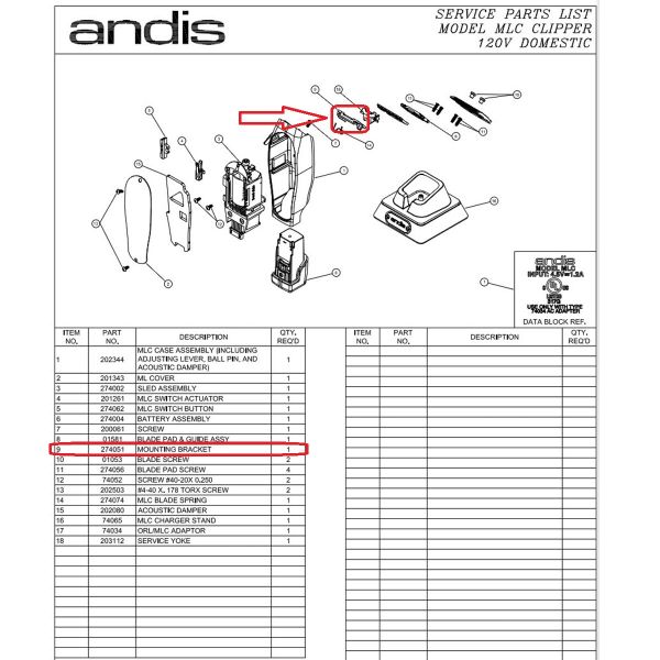 Andis Part Replacement Mounting Bracket Fits MLC Cordless Master